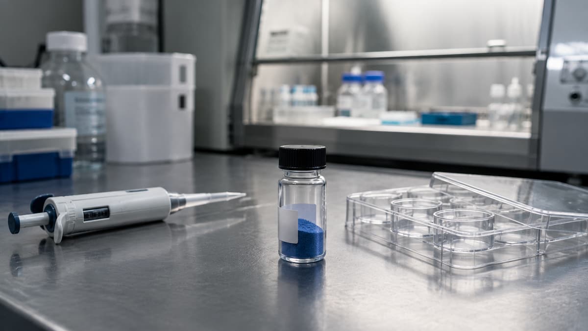 Ein kleines beschriftetes Fläschchen mit blauem Pulver auf einer Laborbank neben einer Pipette und einer Zellkulturplatte, in einem Umfeld der GHK-Cu Hautforschung.