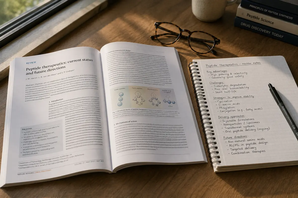 Ein ausgedruckter Übersichtsartikel über das Peptid MOTS-c und Mikroproteine, aufgeschlagen auf einem Schreibtisch neben einem Laborbuch.