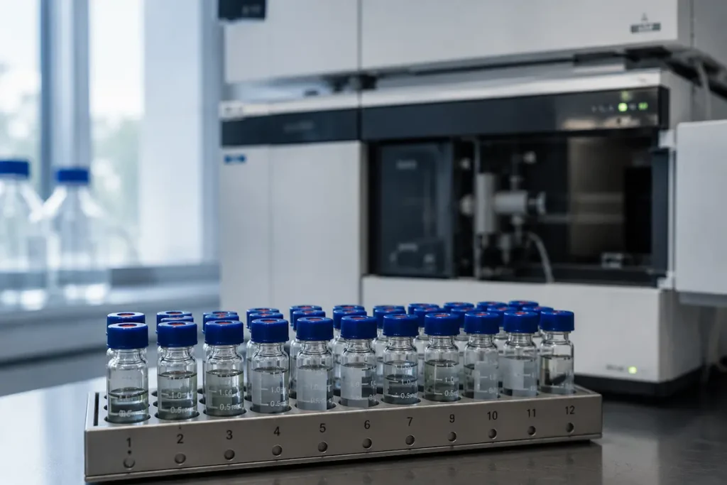 A sample vial in an autosampler tray during LC-HRMS analysis of GLP-1 receptor agonists.