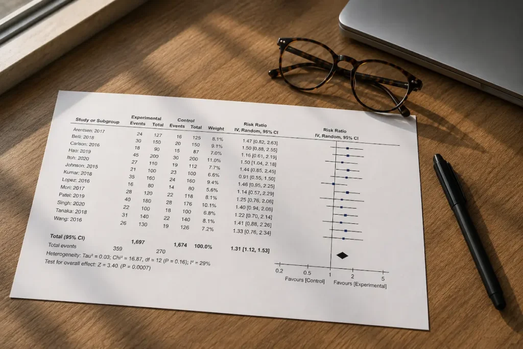 Ausgedruckter Forest Plot einer Metaanalyse zu tirzepatide auf einem Schreibtisch neben einer Lesebrille.