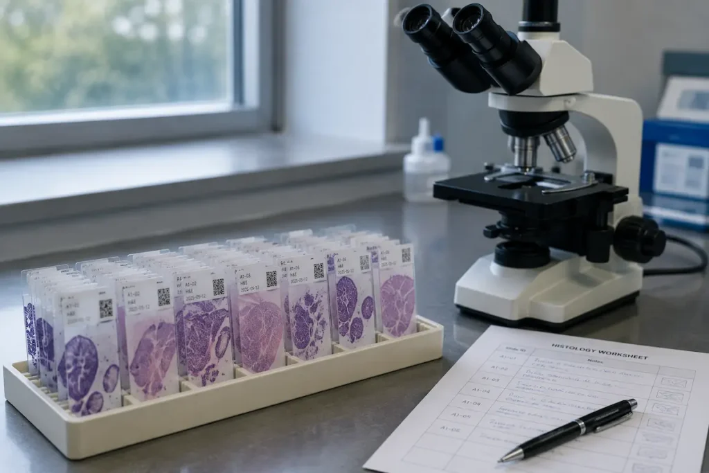 Stained liver histology slides in a tray beside a microscope, as used in the semaglutide MASH trial.