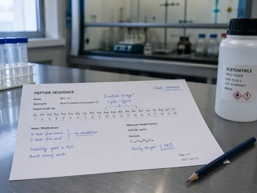 A peptide sequence printout on a laboratory bench, of the kind used in GEP44 chimeric design work.