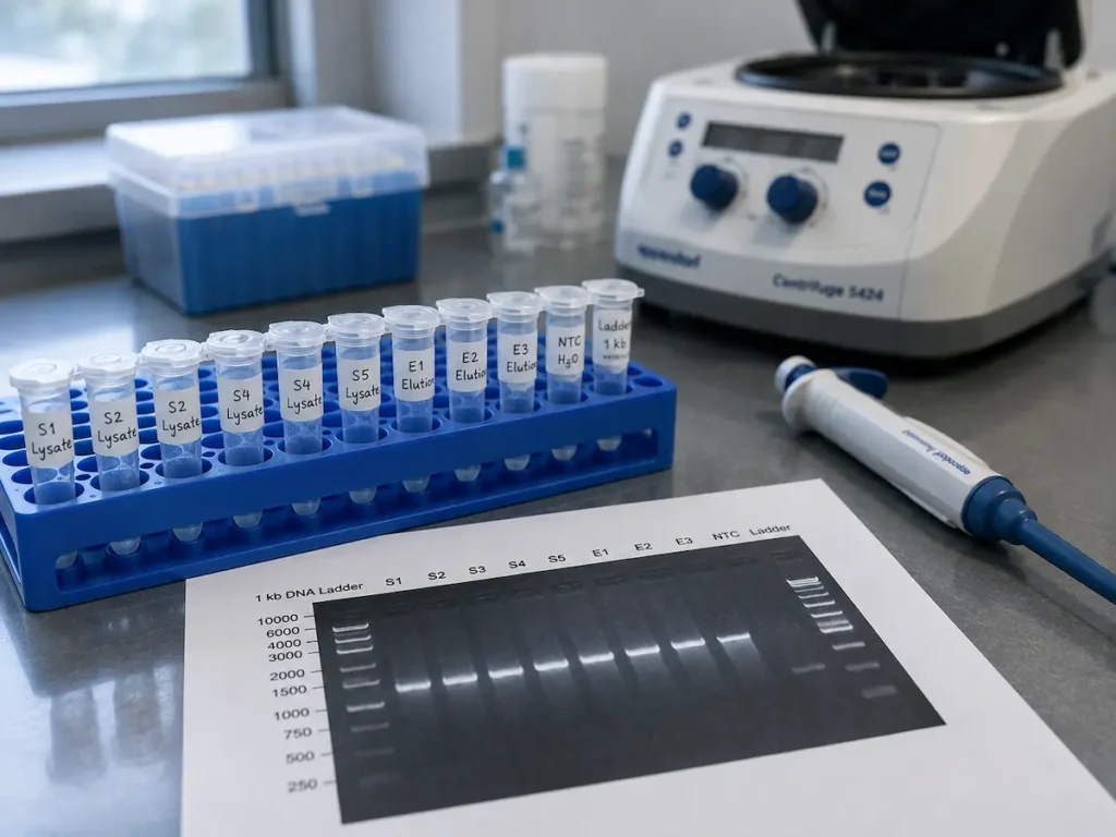 Gestell mit beschrifteten Probenröhrchen auf einer Laborbank, aus Arbeiten mit thymosin beta-4 im Kolitismodell.