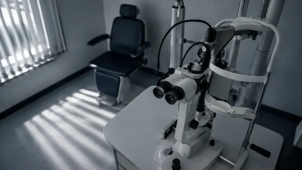A slit lamp standing unused in an empty consulting room, of the kind used to examine the eye disorders counted in this analysis.