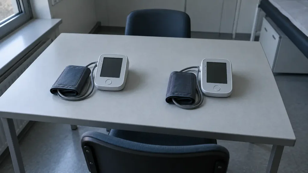 Zwei identische Blutdruckmessgeräte mit dunklen Displays auf einem leeren Praxistisch, die Messung, die in diesem GLP-1-Vergleich gleich ausfiel.