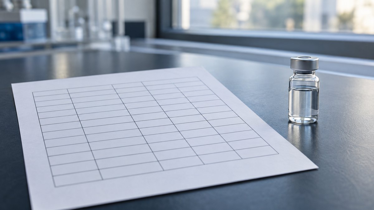 Retatrutid-Phase-3-Studienbericht neben einem unbeschrifteten Forschungsfläschchen auf einem Labortisch