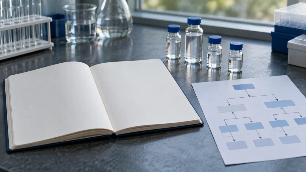 Ablaufdiagramm einer Retatrutid-Studie neben Labornotizbuch und Probenfläschchen