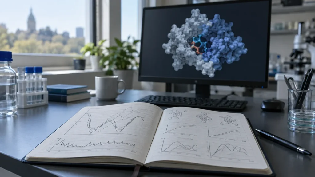 Molekulare Simulationsdiagramme in einem Forschungsnotizbuch