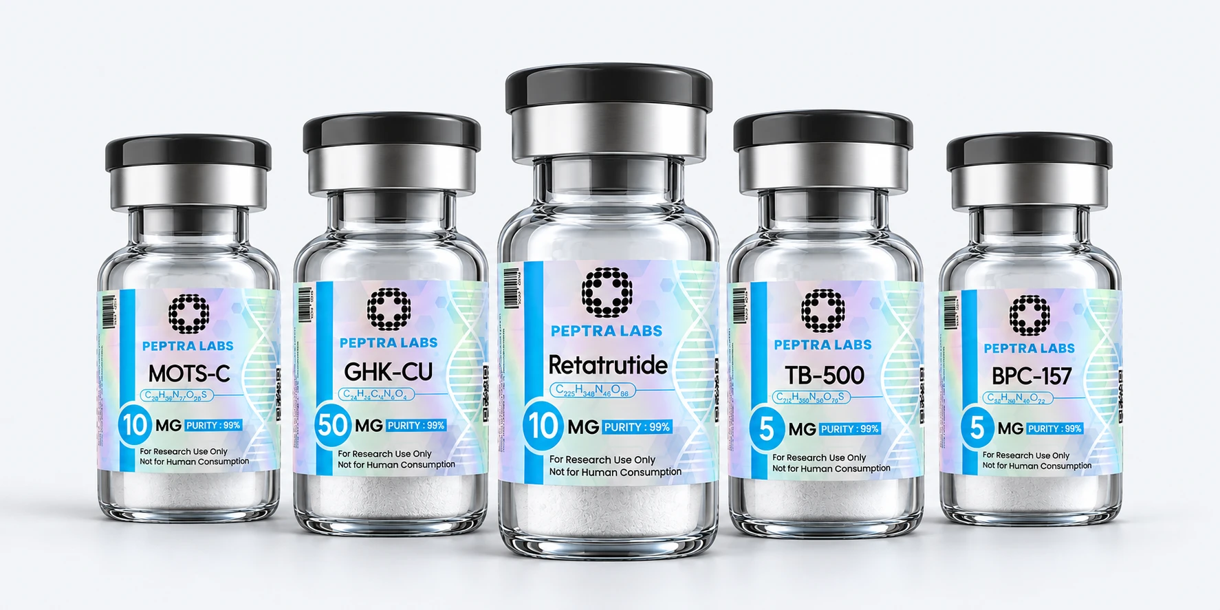 Forschungspeptid-Fläschchen von Peptra Labs: Retatrutide, MOTS-c, GHK-Cu, TB-500 und BPC-157