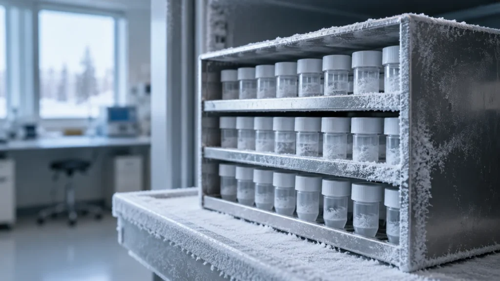 Forschungsfläschchen in einem Laborgefrierschrank