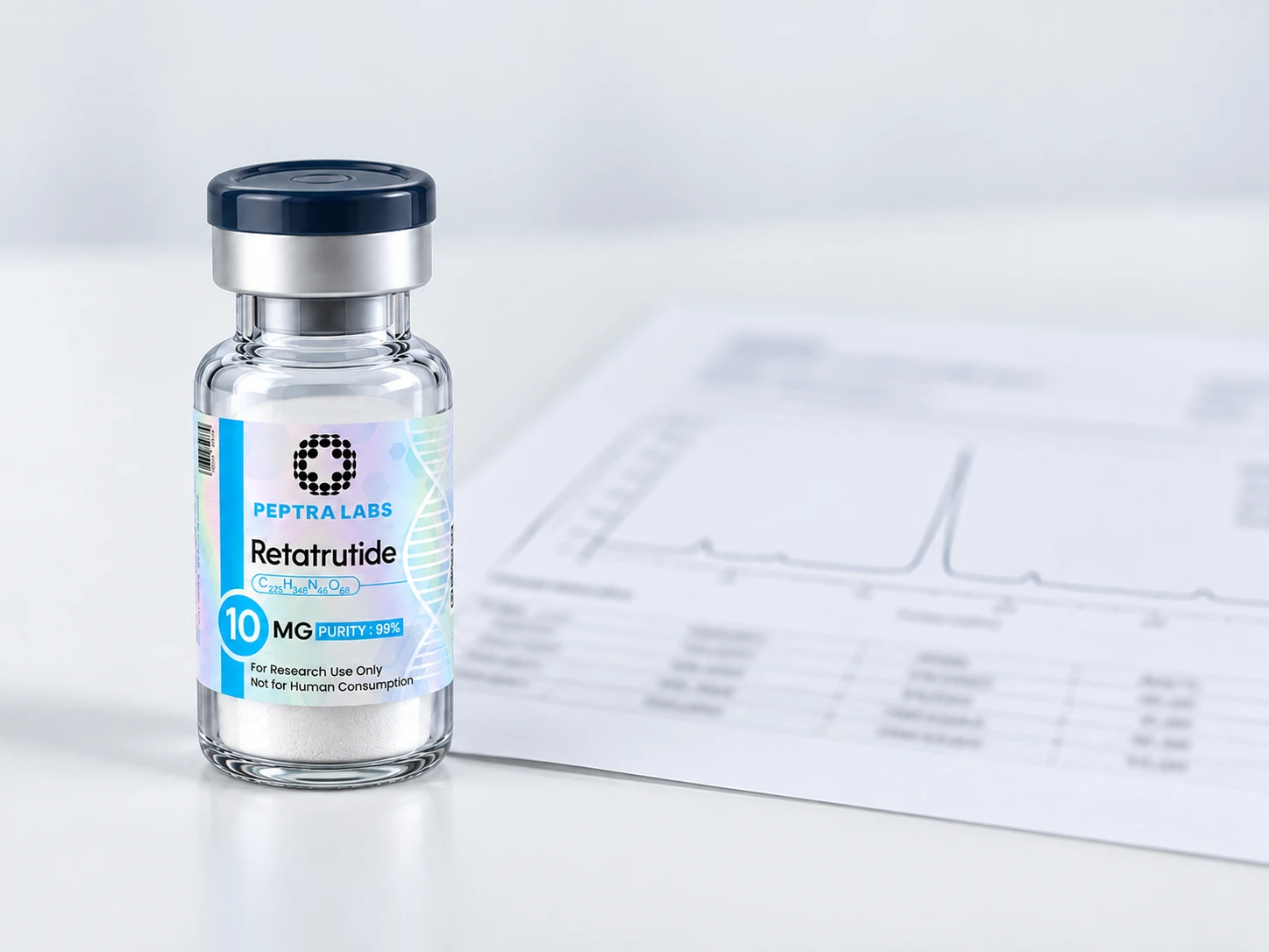 Retatrutide-Fläschchen neben einem HPLC-Analysebericht