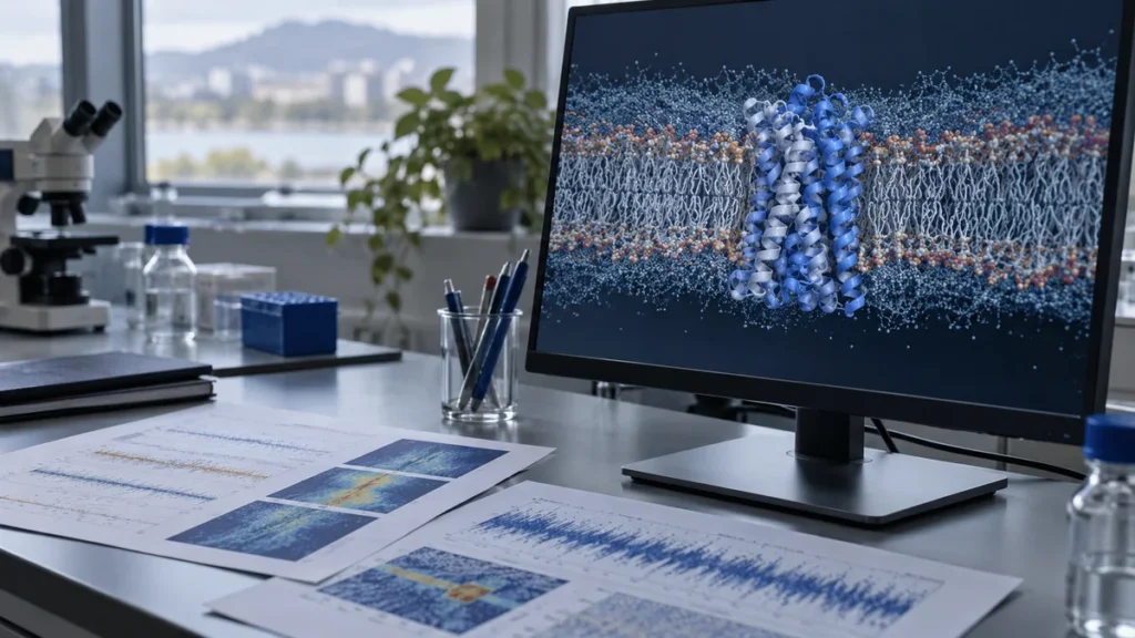 Simulation eines Membranproteins auf einem Laborbildschirm