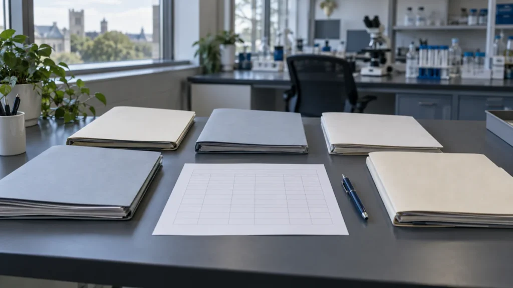 Ordner einer systematischen Übersichtsarbeit auf einem Forschungstisch