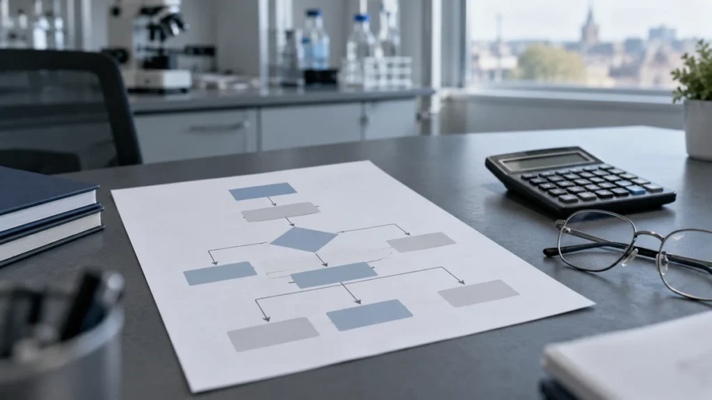 Ablaufdiagramm einer klinischen Studie auf einem Labortisch